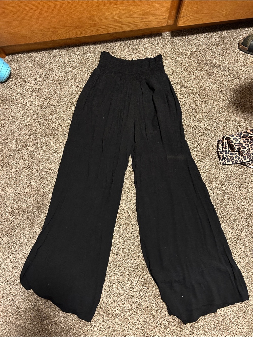 Wide Leg Smocked Waist Pants - Black